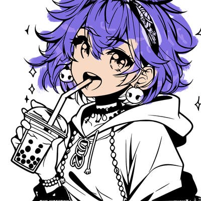hot baddie anime girl drinking boba and biting the straw