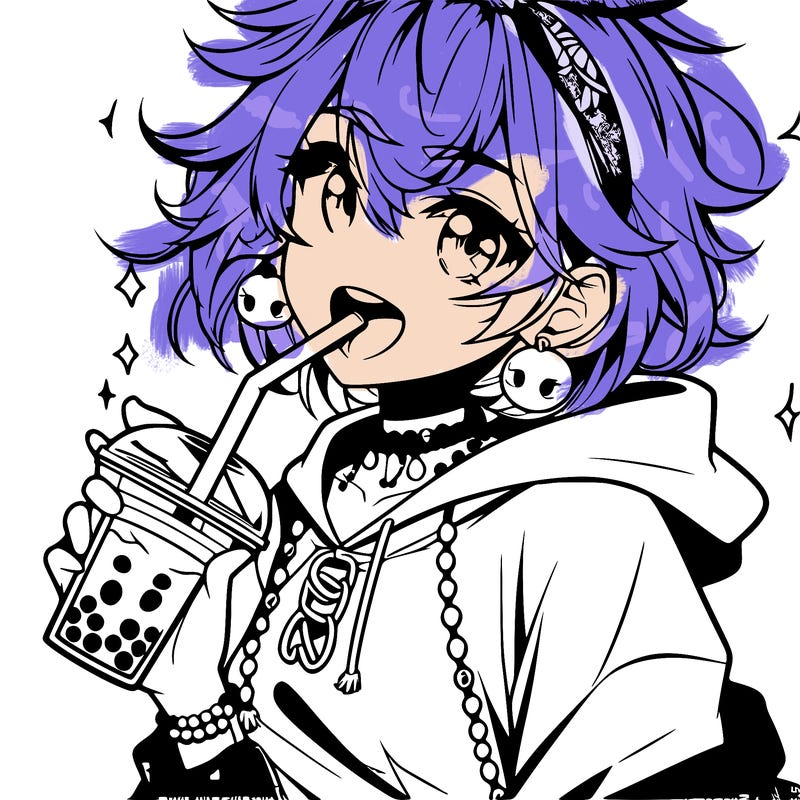 hot baddie anime girl drinking boba and biting the straw