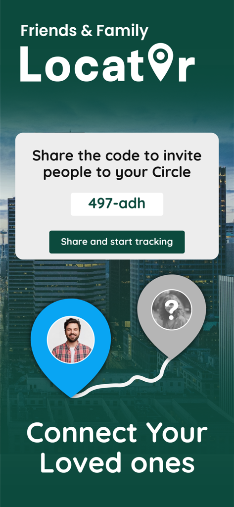 GPS Phone Locator and Tracker - Friends and Family Locator app interface showing an invite code to join a circle for location tracking