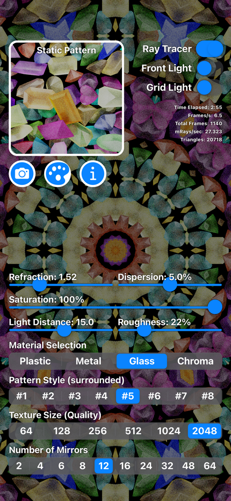 Screenshot of Kaleidoscope Real app interface with advanced rendering controls including ray tracer material selection and pattern settings over a colorful geometric background