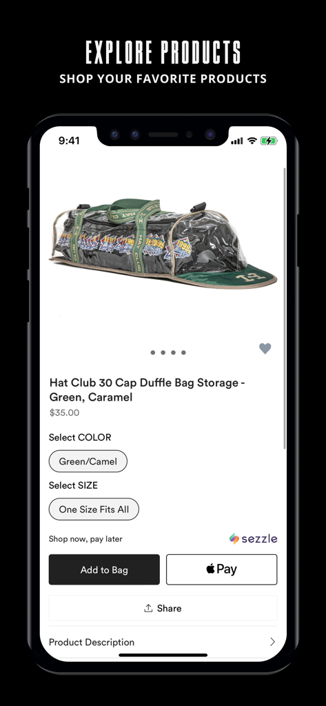 Hat Club - Produktseite in der Hat Club App, die eine Reisetasche zur Aufbewahrung von 30 Hüten mit Optionen zum Hinzufügen zum Warenkorb und Apple Pay anzeigt