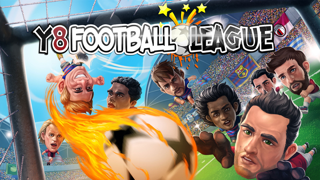 Y8 Football League game cover featuring cartoon soccer players and a flaming football