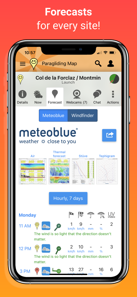 Technical weather forecast and wind data on the Paragliding Map app.