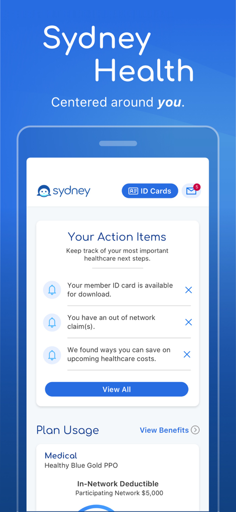 Sydney Health - Sydney Health mobile app dashboard displaying personalized action items and healthcare plan usage details.