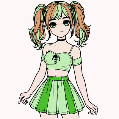 realistic girl in a skirt crop top and pigtails