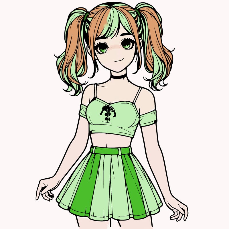 realistic girl in a skirt crop top and pigtails