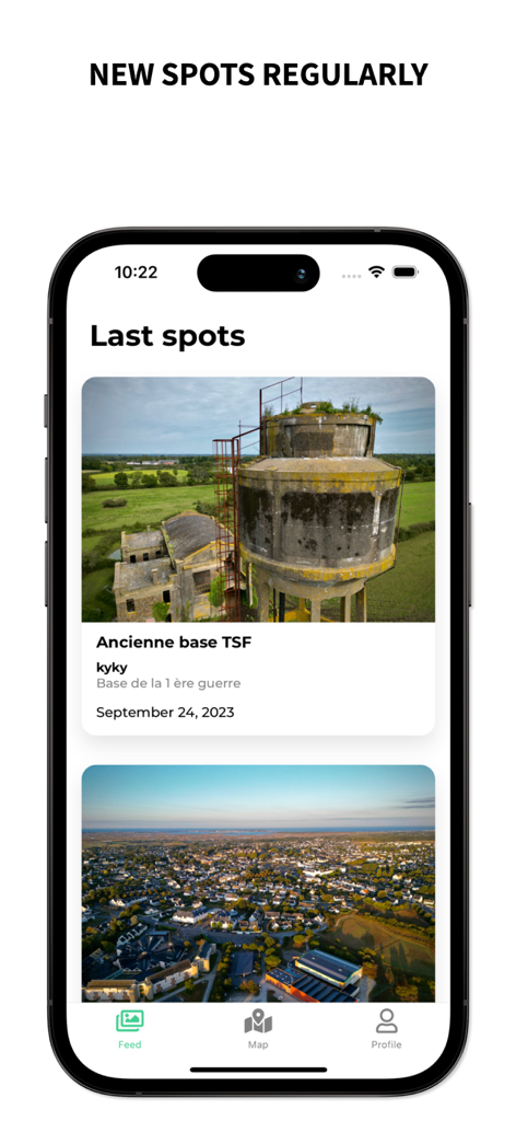 Drone Spot – Forecast and Map - Smartphone screen showing a feed of new drone flying locations shared by users with photos and descriptions