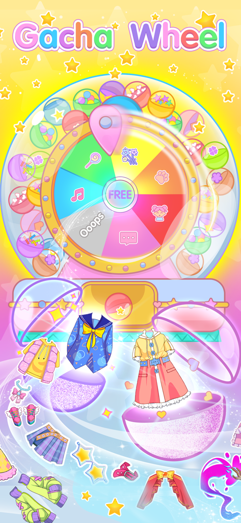 Chibi Maker: Dress Up Games - A colorful gacha wheel in the Chibi Maker app showing cute anime doll clothing items being unlocked.