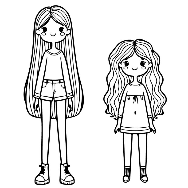 one tall girl with long straight hard and another short girl with mid curly hair