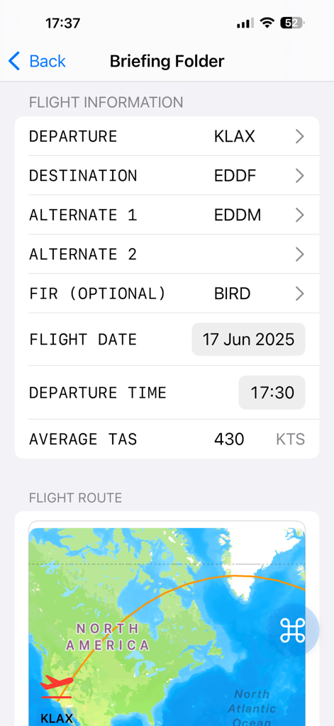 FlightMate – Pilot Tools - FlightMate app briefing folder screen showing flight details and route map from KLAX to EDDF.