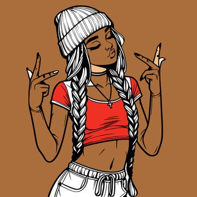 realistic teenage girl with braids and a beanie and crop top doing 🫶🏼