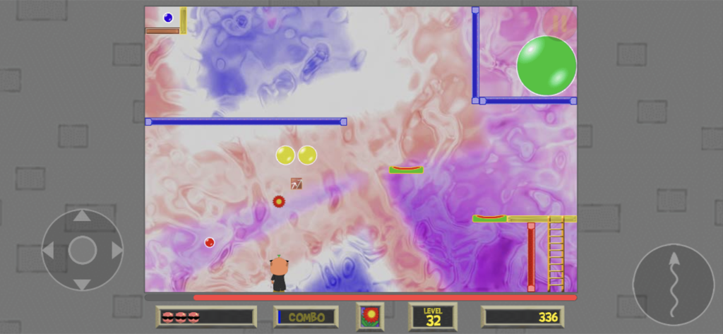 A gameplay screen of Bubble Struggle 2 showing a character dodging and shooting bouncing bubbles on a colorful level background