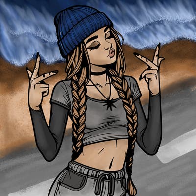 realistic teenage girl with braids and a beanie and crop top doing 🫶🏼