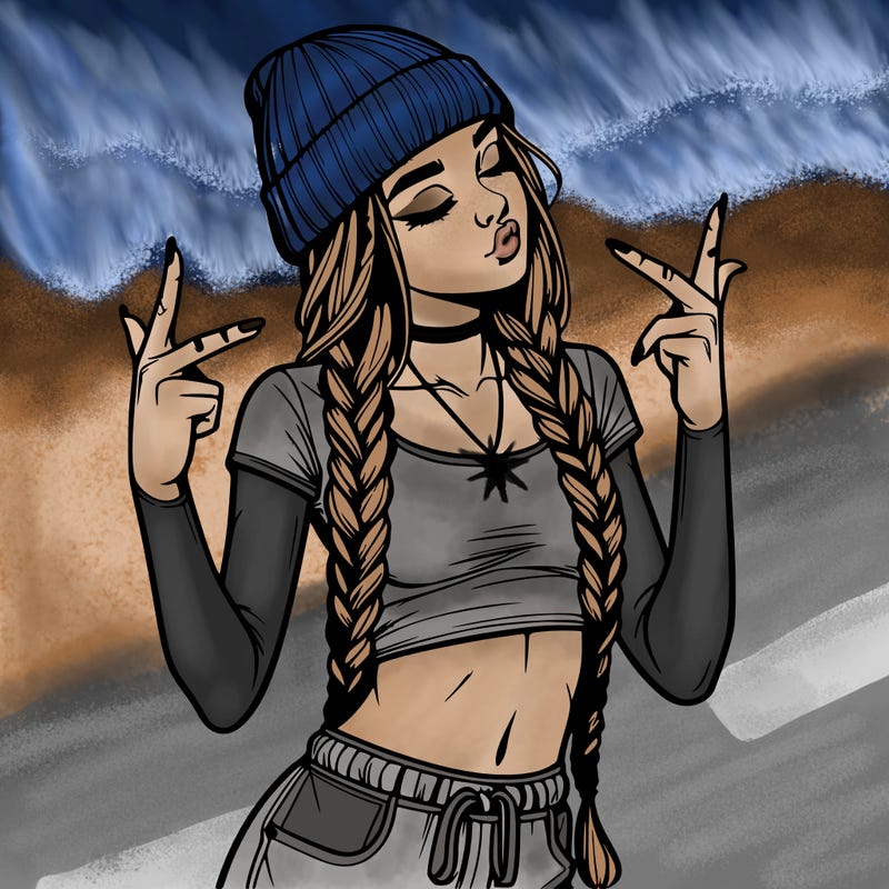 realistic teenage girl with braids and a beanie and crop top doing 🫶🏼