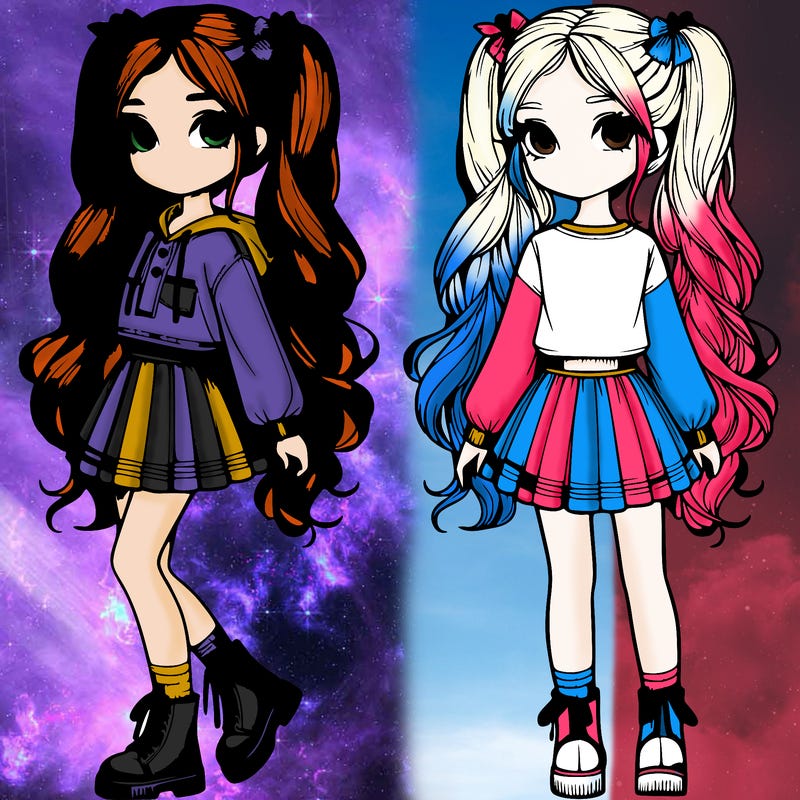 realistic girl  with long pigtails and cute outfit