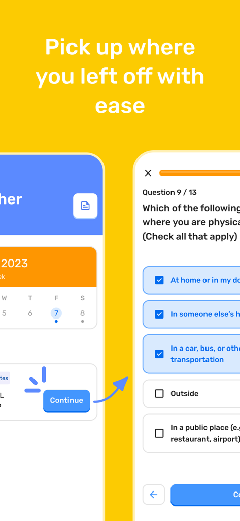 Fabla - Audio Diary Kit - Screenshot of the Fabla app showing a survey question interface with a prompt to resume participation where the user left off