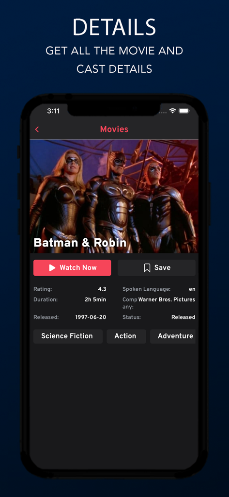 Screenshot of the Egybest app displaying movie details including rating, duration, and genre for Batman and Robin.
