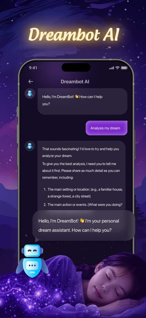 Sleep Log – Snore Record - Dreambot AI chat interface for dream analysis in the Sleep Log app