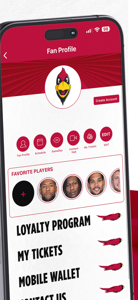 Arizona Cardinals Mobile - Arizona Cardinals mobile app fan profile screen featuring favorite players and loyalty program menu