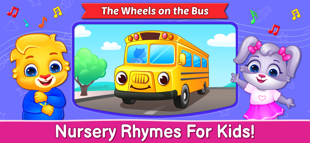 Cartoon yellow school bus and animal characters illustrating the Wheels on the Bus nursery rhyme for kids.