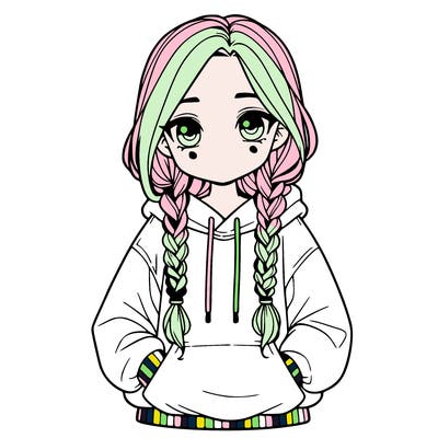 a realistic girl with a oversized hoodie and she has braids