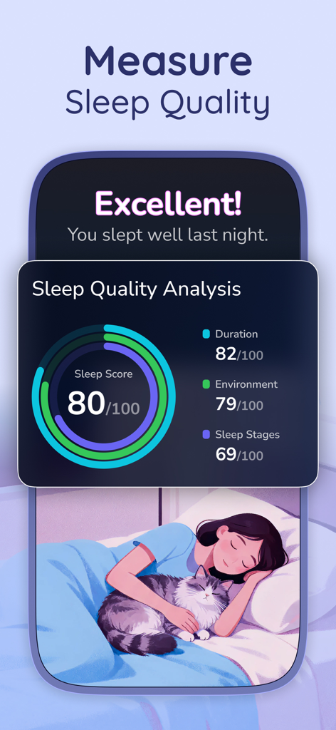 Panel de análisis de calidad del sueño que muestra una puntuación de sueño de 80 con métricas de duración y entorno