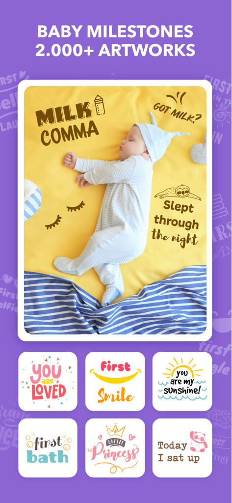 Baby Photo Editor: Pic Journal - Una foto de un bebé durmiendo decorada con pegatinas de hitos y una colección de obras de arte para bebés hechas a mano que incluyen Primera Sonrisa y Pequeña Princesa
