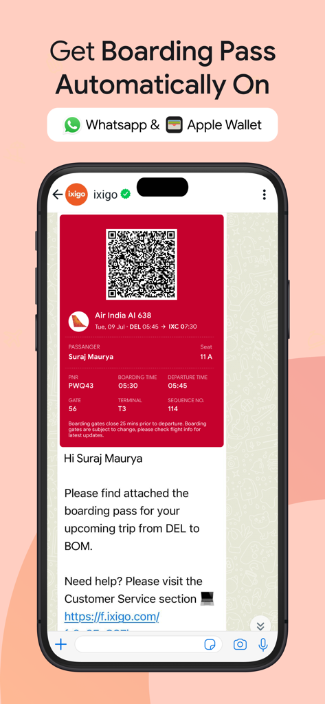 Ixigo app showing an automatic Air India boarding pass received through WhatsApp