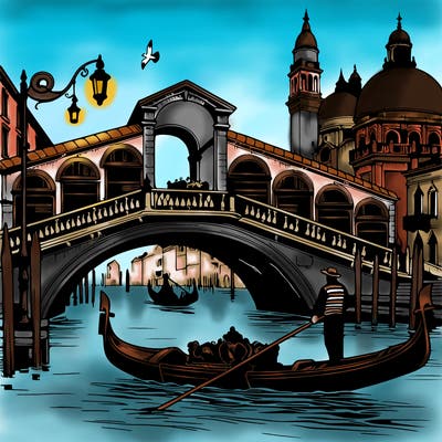 realistic venetian bridge with gondola passing under