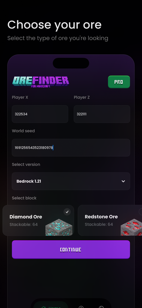 Finder Diamond Ore for MC - Bildschirm der mobilen App zur Suche nach Minecraft-Erzen mit Eingabefeldern für Koordinaten und Samen