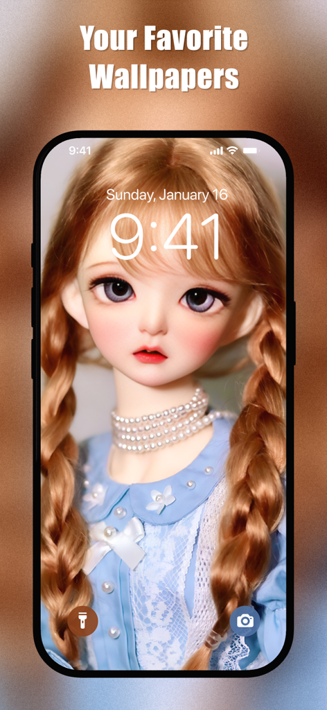Cute Doll Wallpapers 4K | HD - iPhone lock screen displaying a high-quality aesthetic doll wallpaper with blonde braids and a blue lace dress