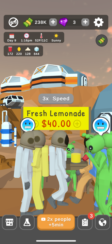 Cool Lemonade Stand - Astronauts and green aliens queuing at a futuristic lemonade stand on a desert planet.