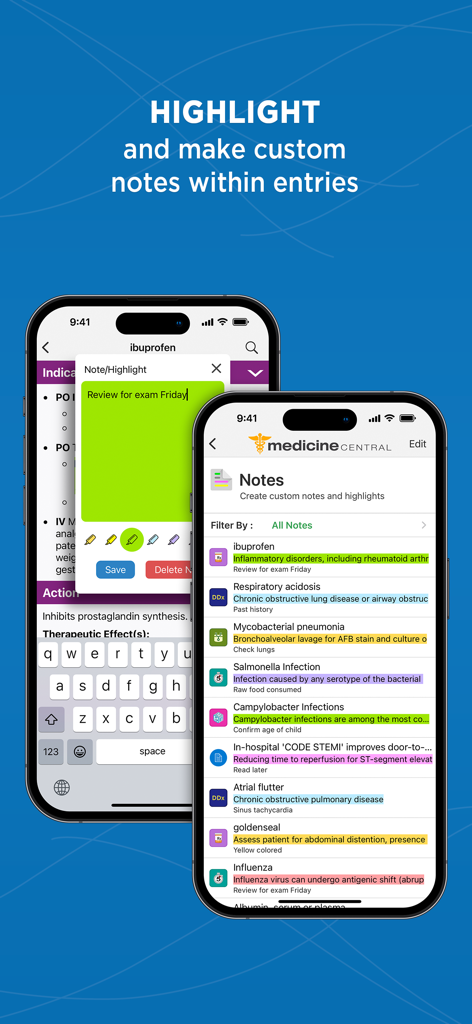 Medicine Central - Medicine Central app interface for highlighting and making custom clinical notes