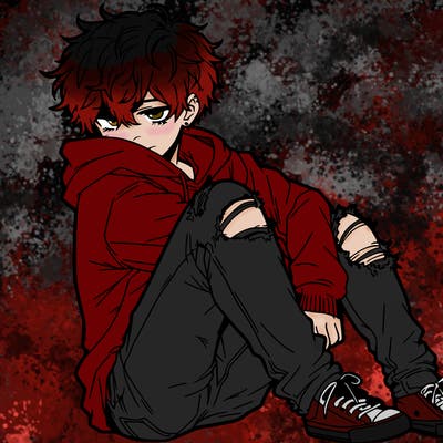 a male hoddie ripped jeans messy hair anime
