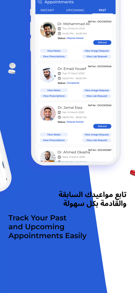 Doctoray - For Doctors - Screenshot of the Doctoray app showing a list of past medical appointments with options to view notes and prescriptions