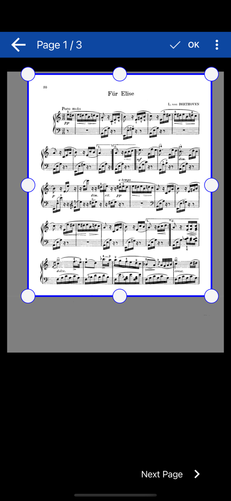 MobileSheets® - Manual cropping tool for digital sheet music in the MobileSheets app interface