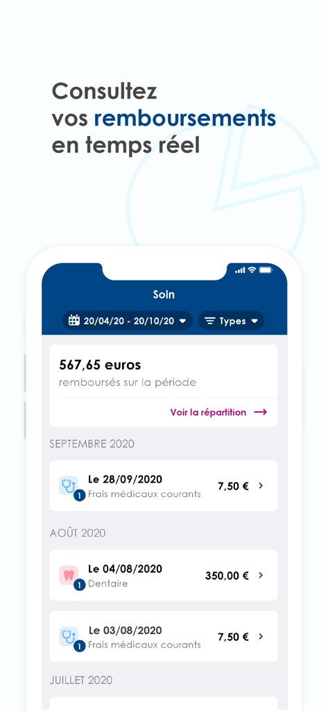 Diot by Hélium - Écran mobile de Diot by Helium montrant les remboursements d'assurance maladie en temps réel.