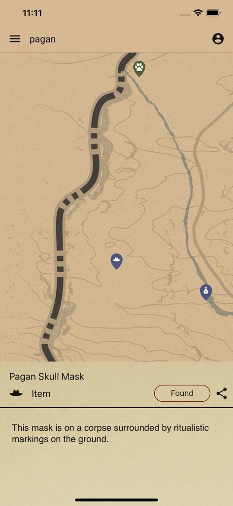 Unofficial Map for RDR2 - Unofficial Map for RDR2 showing Pagan Skull Mask location