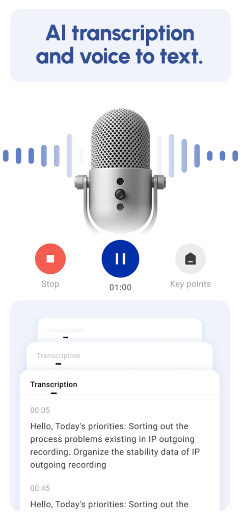 Owll app interface for real-time AI transcription and voice recording with a microphone icon and text notes.