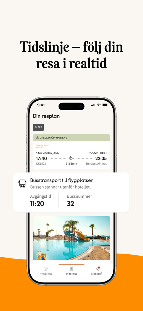 Ving – Allt om dina resor - Smartphone screen showing the Ving app travel timeline with flight details and bus transfer information