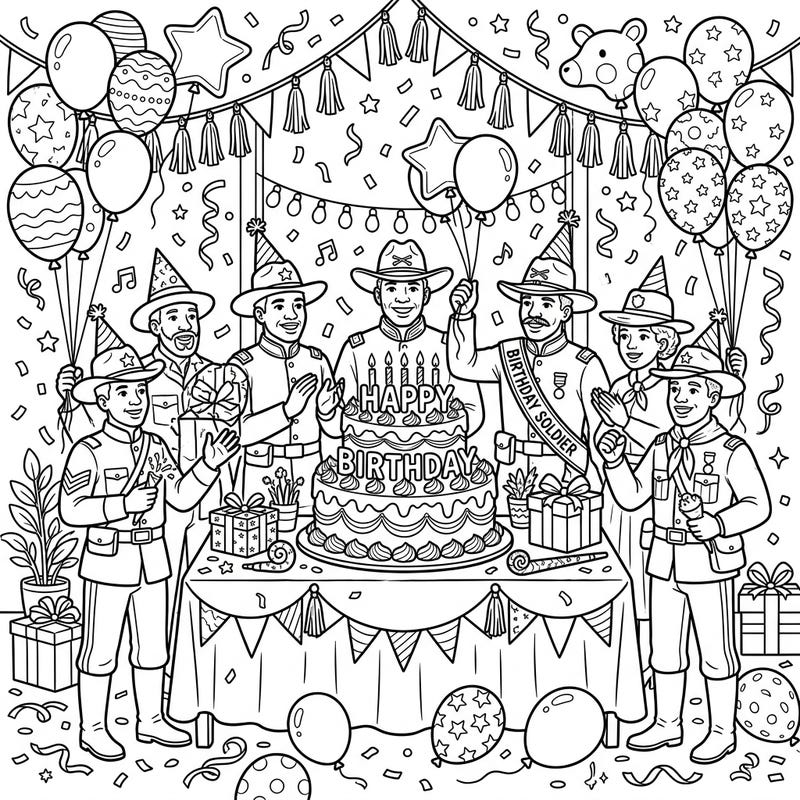Step into a historical celebration with our vibrant Buffalo Soldiers Birthday coloring page. This intricate design brings to life a joyful party scene, perfect for history enthusiasts and coloring fans alike.