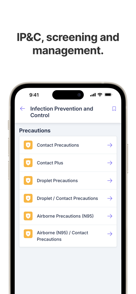 A list of medical infection prevention and control precautions in the Firstline clinical app.