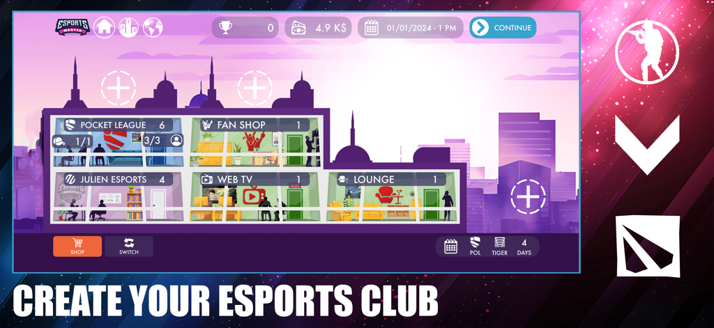 Interface of eSports Master game showing the management of an esports club facility with rooms like fan shop and web tv