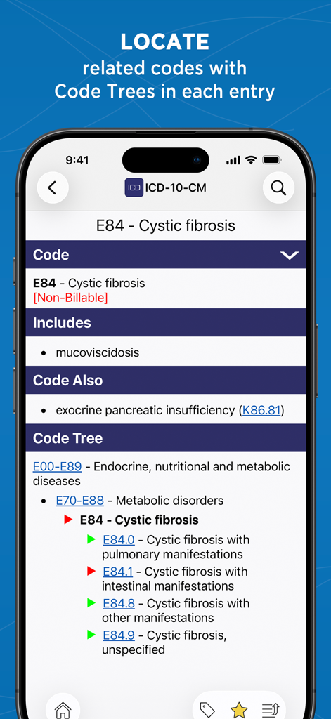 ICD 10 Coding Guide – Unbound - Una captura de pantalla que muestra el árbol de códigos codificado por colores para la fibrosis quística en la aplicación médica CIE-10-MC.