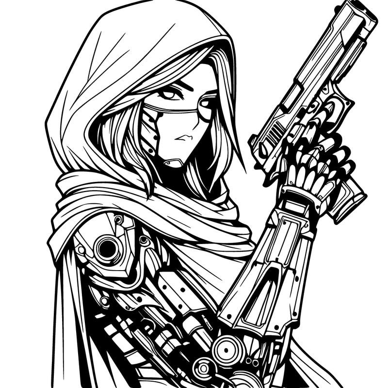 realistic female assassin with metal arm with a cape holding a gun