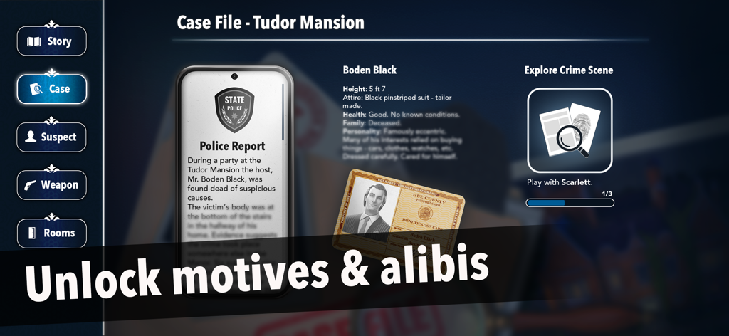 Clue - Case file screen in Clue mobile game showing character profiles and crime scene investigation.
