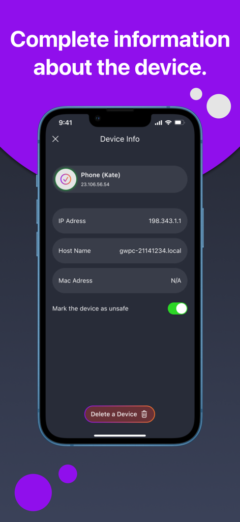 Mobile app interface displaying detailed network device information including IP address and host name for a scanned phone