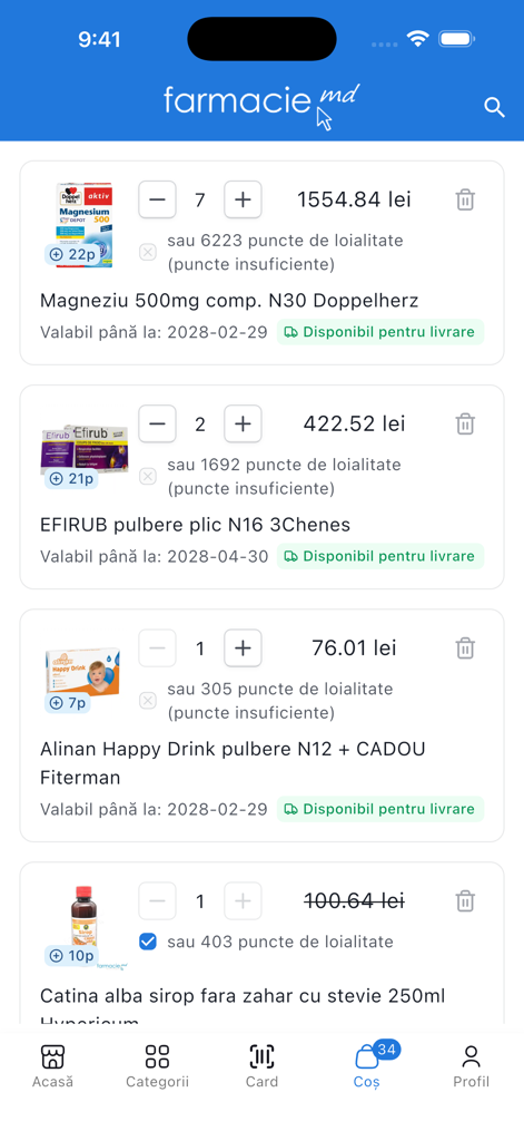 Shopping cart screen of the Farmacie.md mobile app showing various medical and wellness products with prices and quantities
