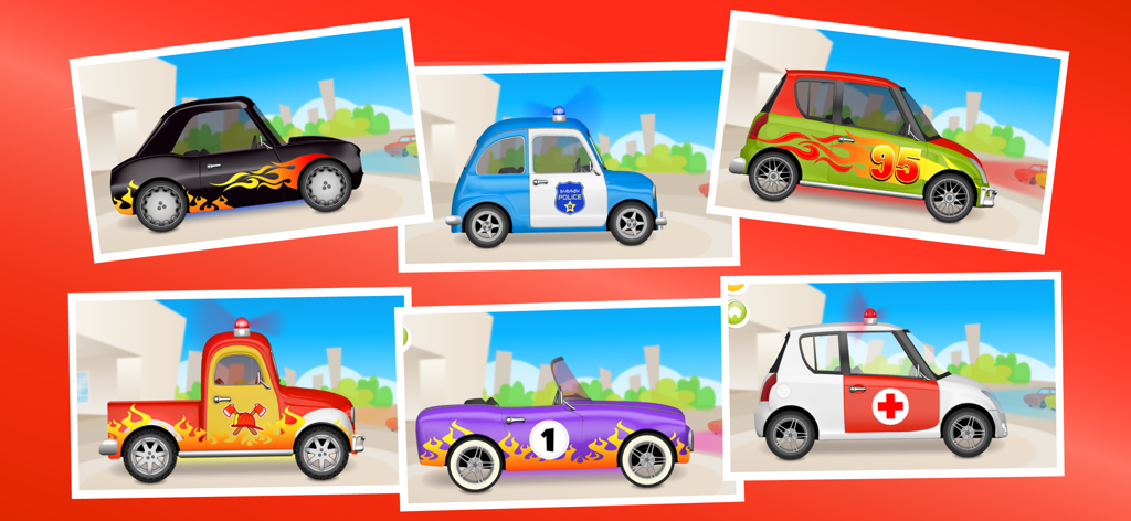 A showcase of various colorful vehicles children can customize in Mechanic Max including a police car fire engine and ambulance