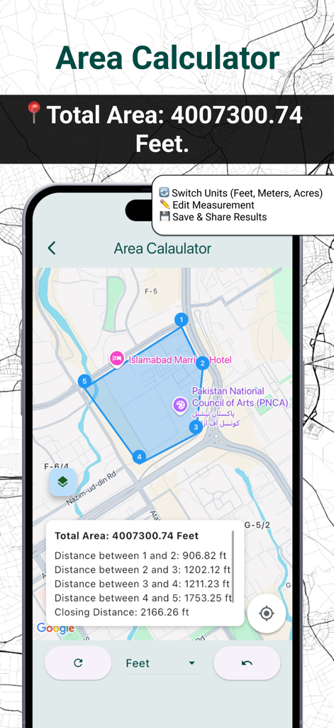 Live GPS Land Area Calculator - Interfaz de la aplicación Calculadora de Área de Terreno GPS en Vivo que muestra un mapa con un polígono de terreno medido y el cálculo del área total en pies